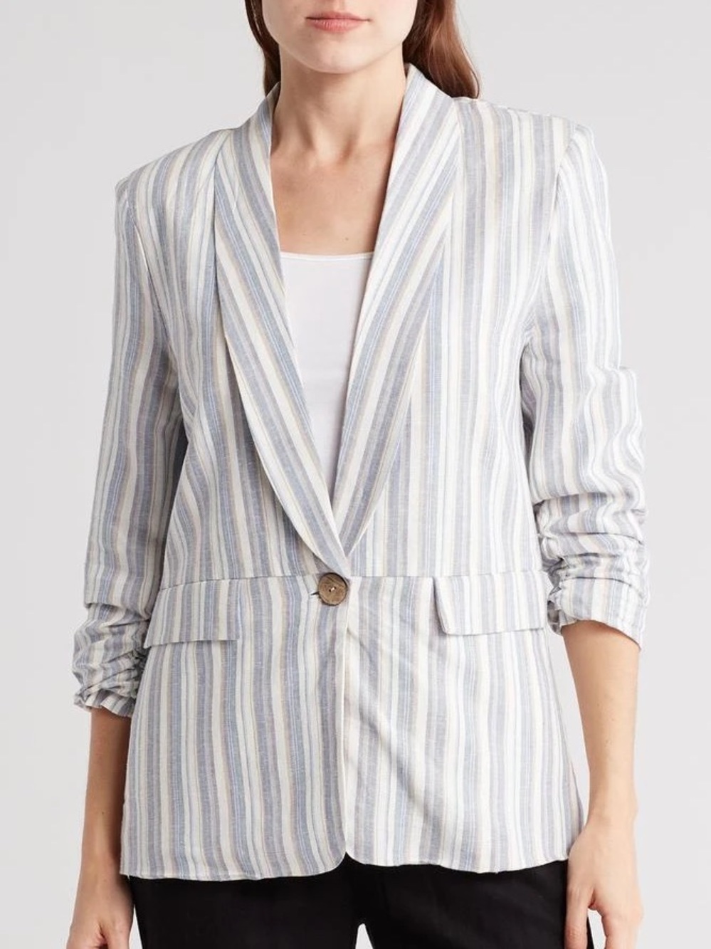 Ellen Tracy Ruched Sleeve Linen Blend Striped Blazer